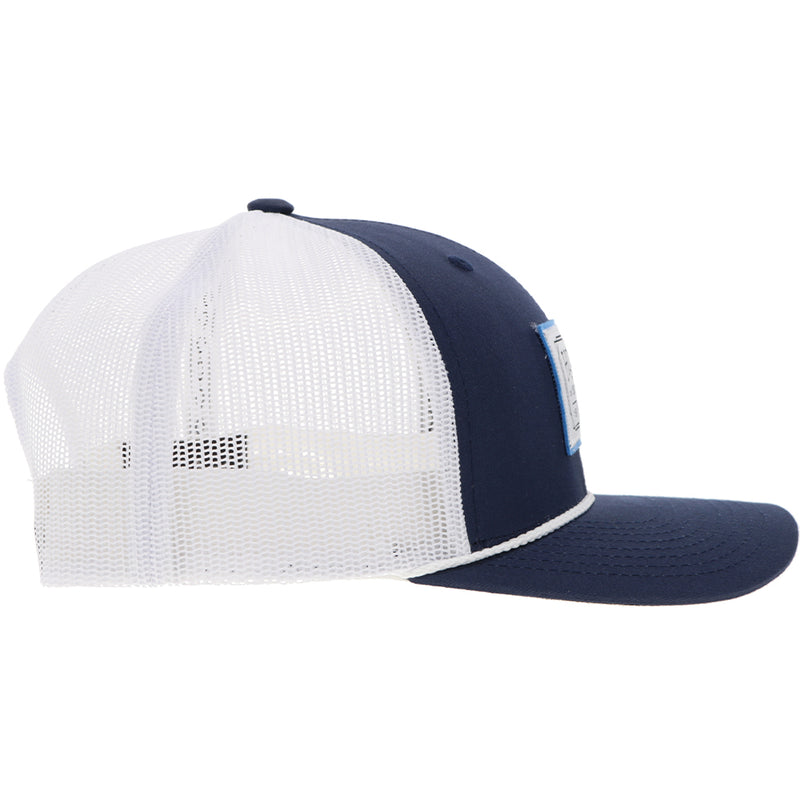 right side of the Doc blue and white hat with black, blue, and white patch and white rope detail