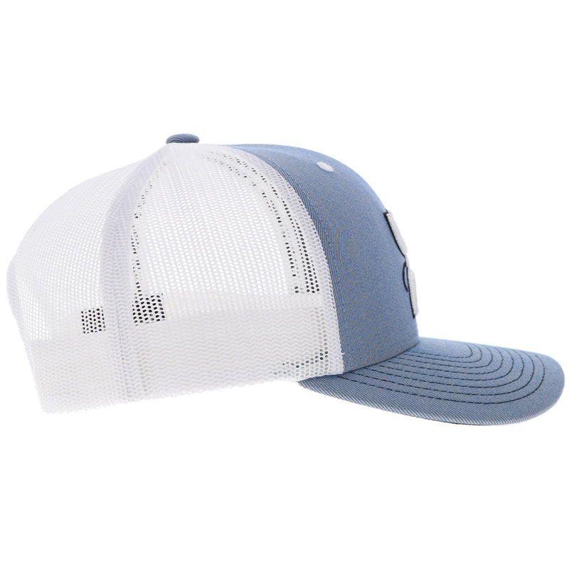 right side view of the Arc denim and white hat with white patch