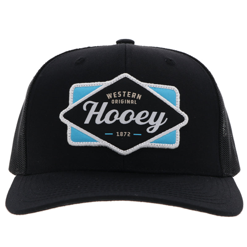 front of the Diamond black on black hat with light blue, black, and white patch