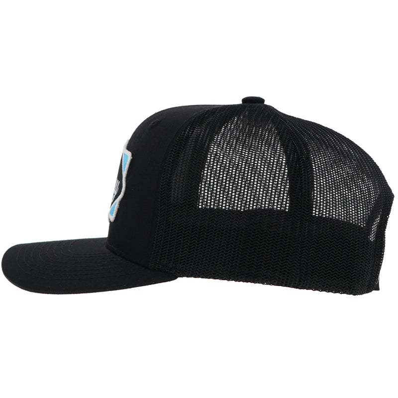 left side of the Diamond black on black hat with light blue, black, and white patch