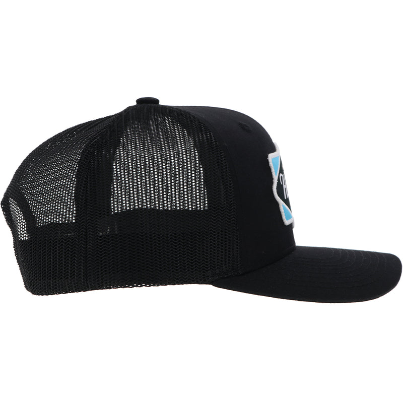 right side of the Diamond black on black hat with light blue, black, and white patch
