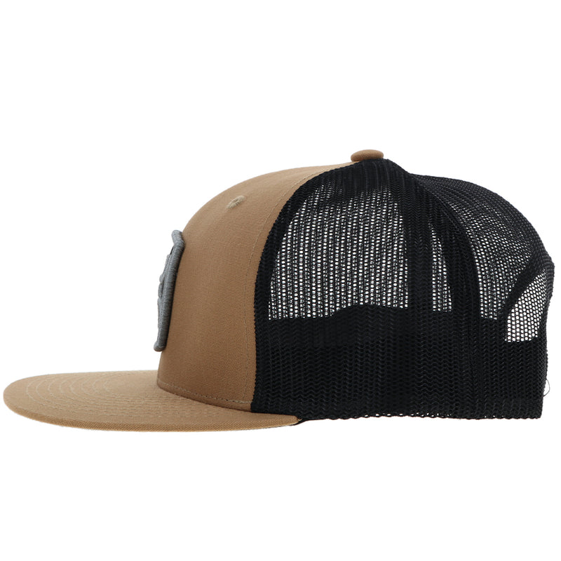 side view of the Zenith tan and black hat