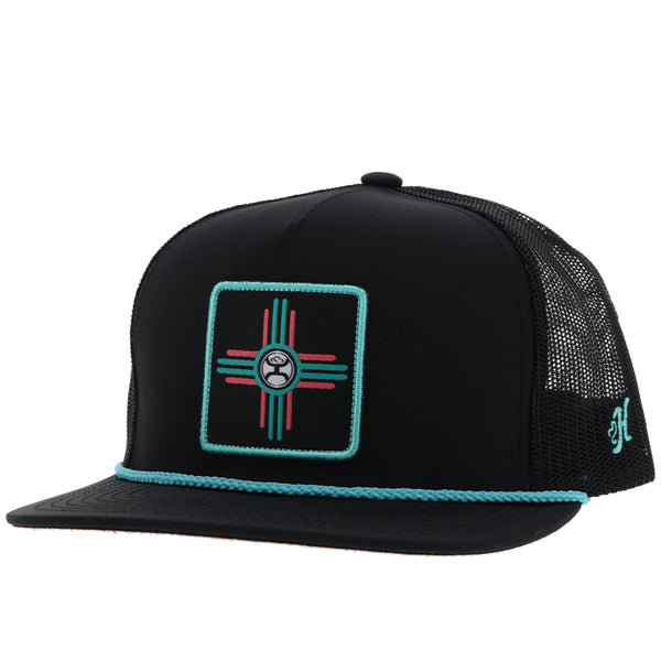 Zia hat in black. with turquoise and pink rope detail patch