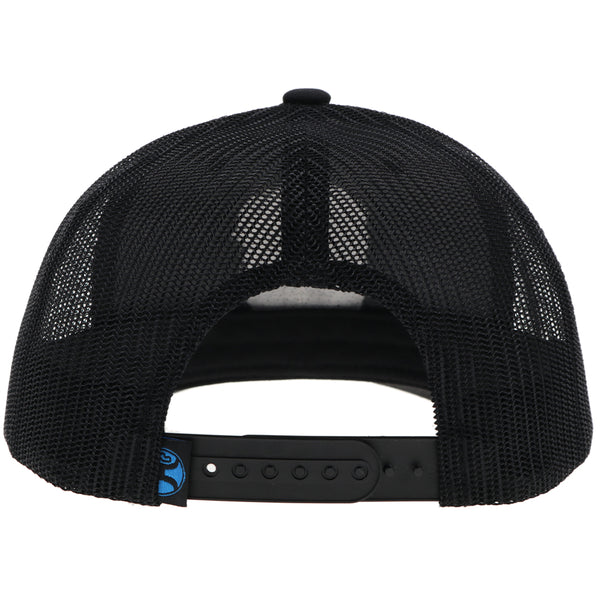 back of the black on black Cheyenne hat with blue, white, and black patch