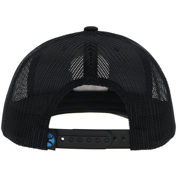 back of black on black hooey hat with black and blue hooey logo tag
