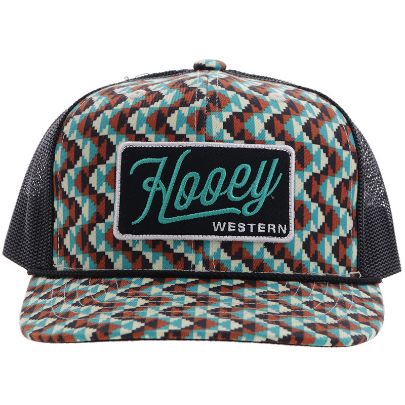 front of Hooey Western hat with brown, teal, white multi pattern front panel and bill and black mesh with black, white, turquoise patch