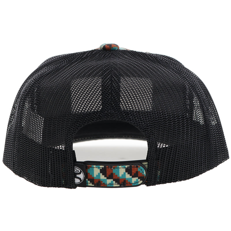 back of Hooey Western hat with brown, teal, white multi pattern front panel and bill and black mesh with black, white, turquoise patch, and snap bands