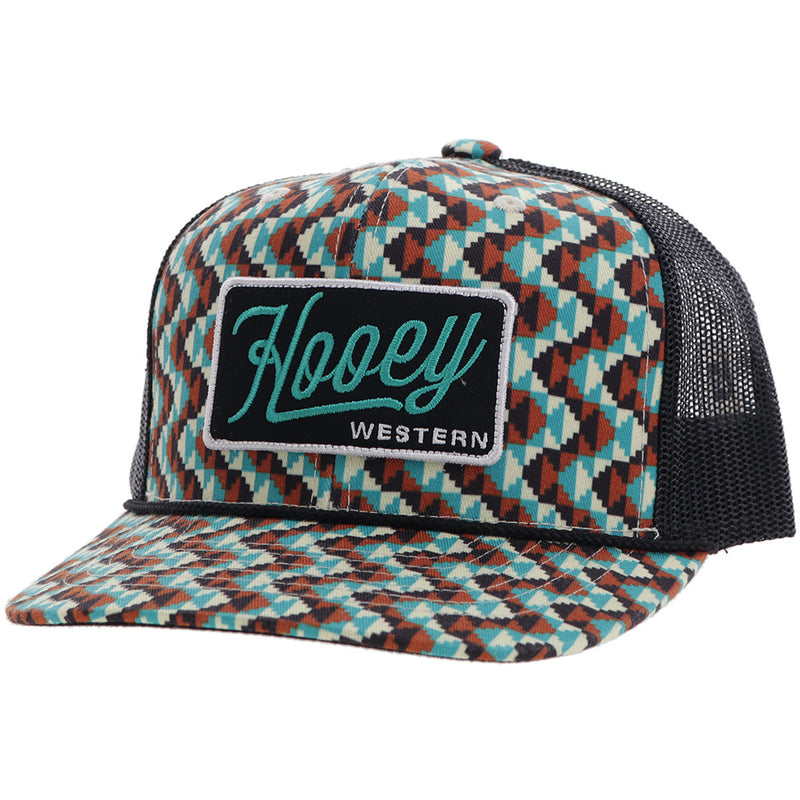front profile of Hooey Western hat with brown, teal, white multi pattern front panel and bill and black mesh with black, white, turquoise patch