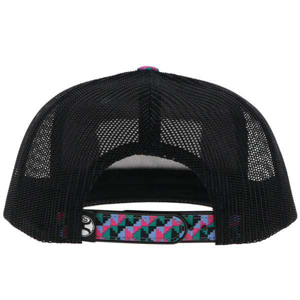 back of Hooey hat with black mesh and pink, blue, green, black Aztec pattern on snap straps