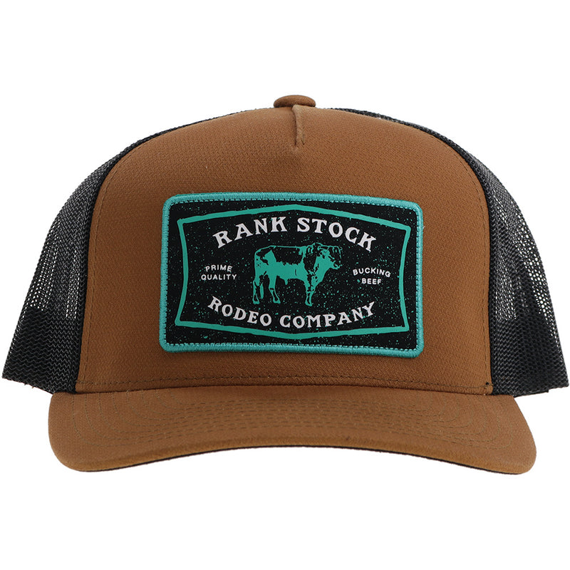 front of the brown and black Hooey hat with turquoise, black, white rank stock rodeo company patch
