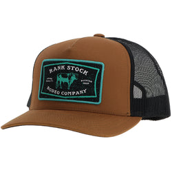 brown and black Hooey hat with turquoise, black, white rank stock rodeo company patch