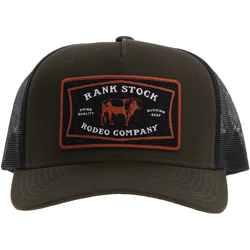 Dark green and black hooey hat with orange, black, white Rank Stock Rodeo Company patch