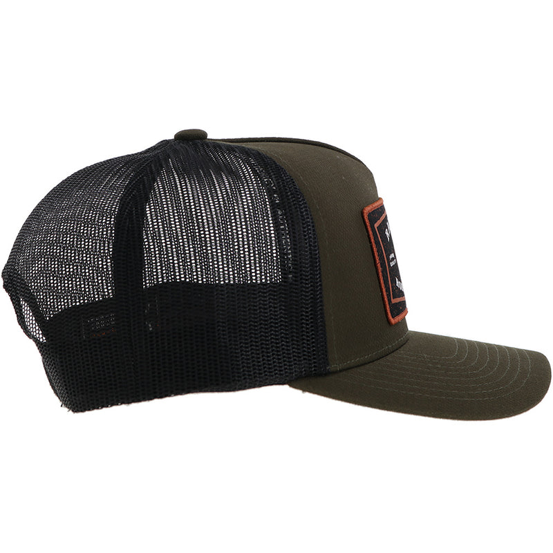 right side of the Dark green and black hooey hat with orange, black, white Rank Stock Rodeo Company patch