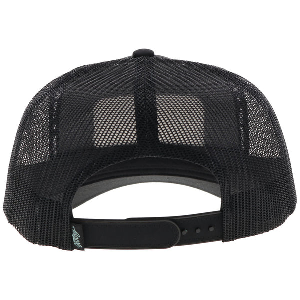 back of black on black Gruene hall hat with teal details