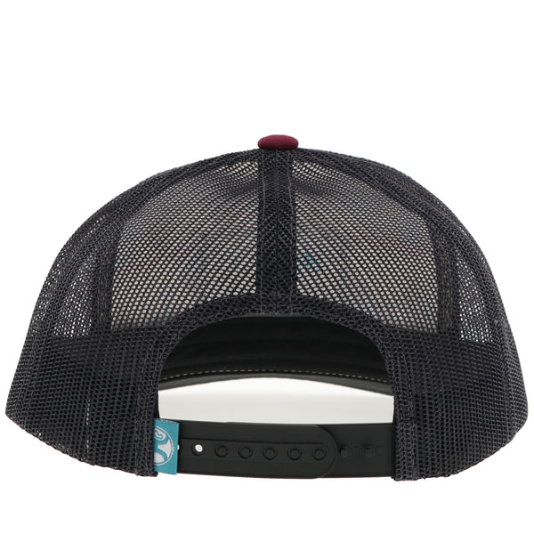 back of hooey hat with black mesh and snap bands and teal hooey tag