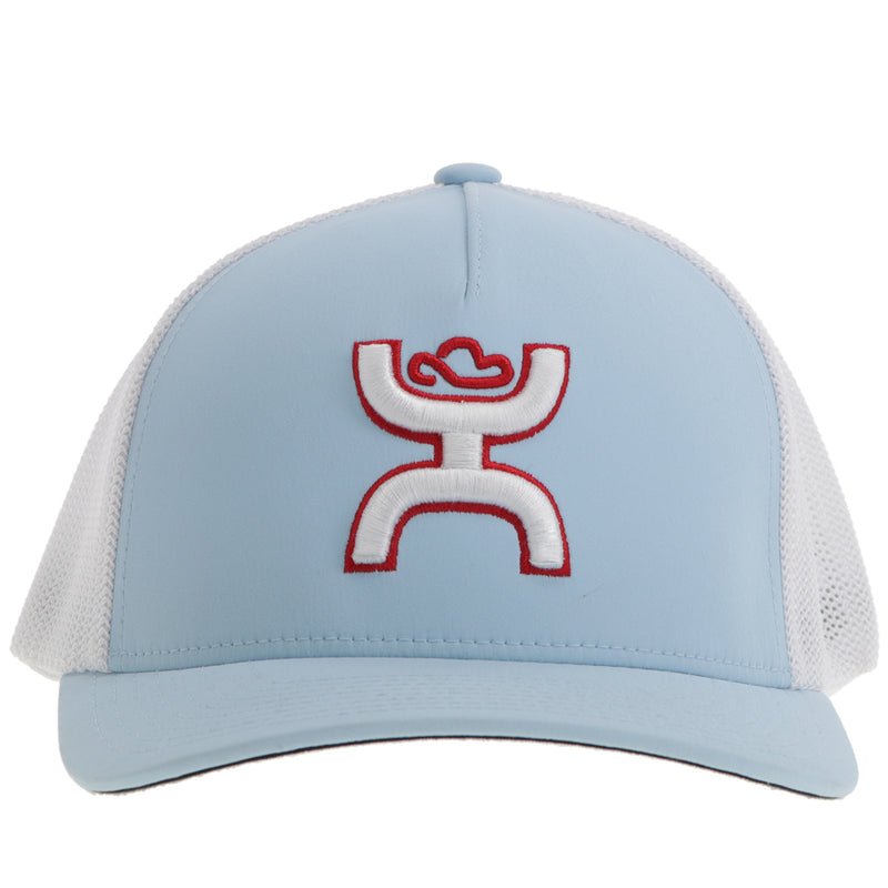 the front of the light blue and white Hooey hat with red and white Hooey logo patch