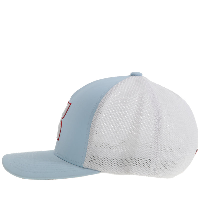left side of the light blue and white hooey hat