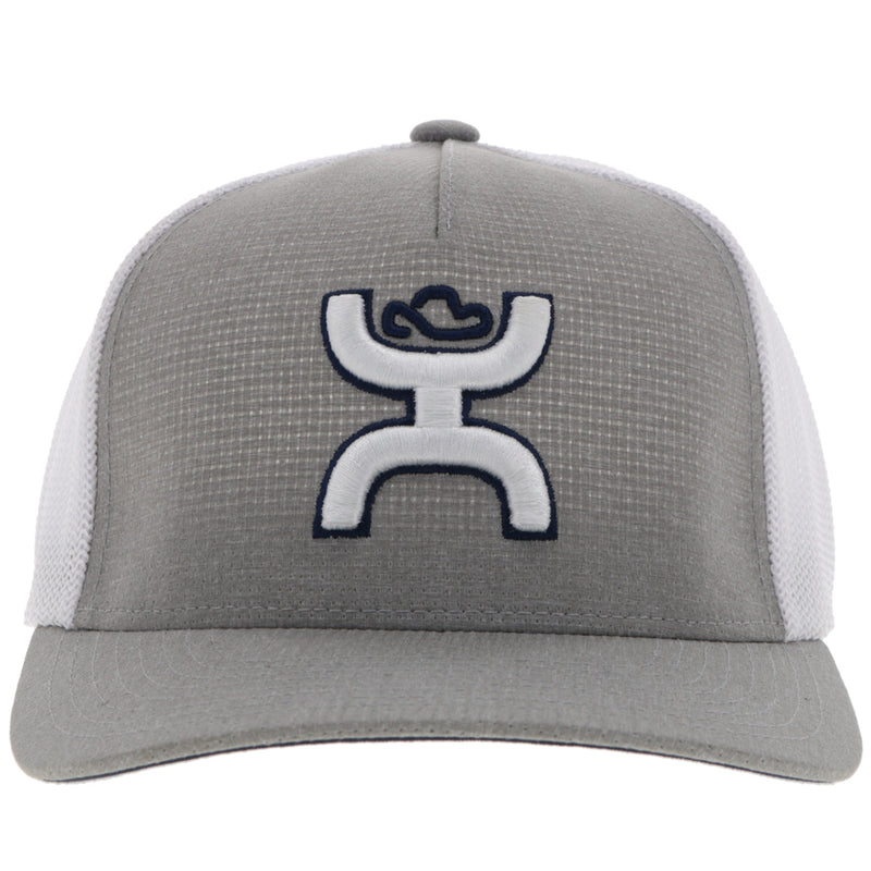 front of grey hat with white mesh and black and white Hooey logo patch