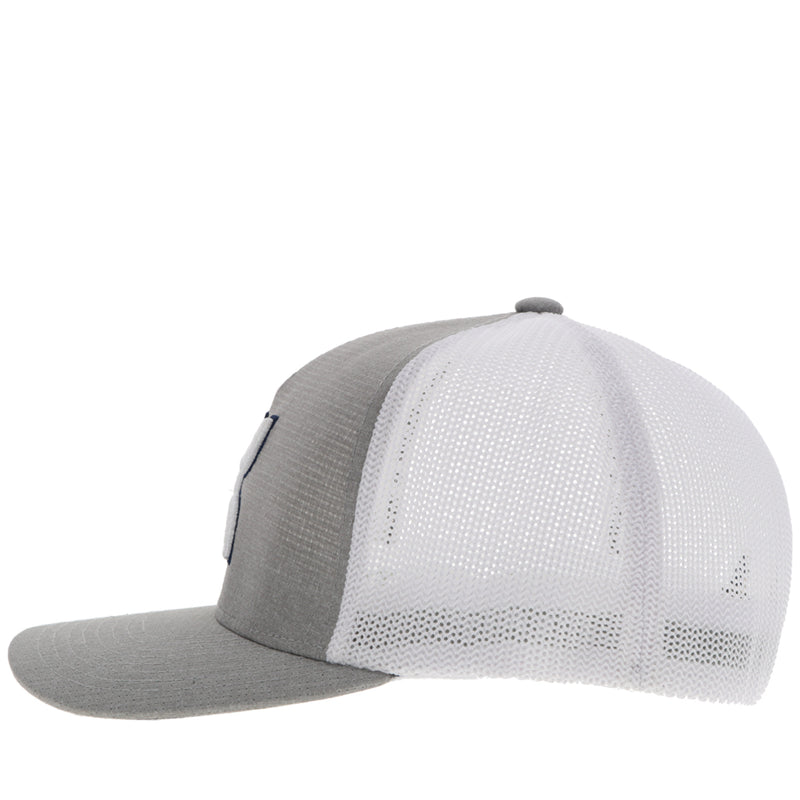 left side of grey Hooey hat with white mesh