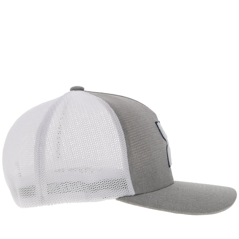 right side of grey hooey hat with white mesh