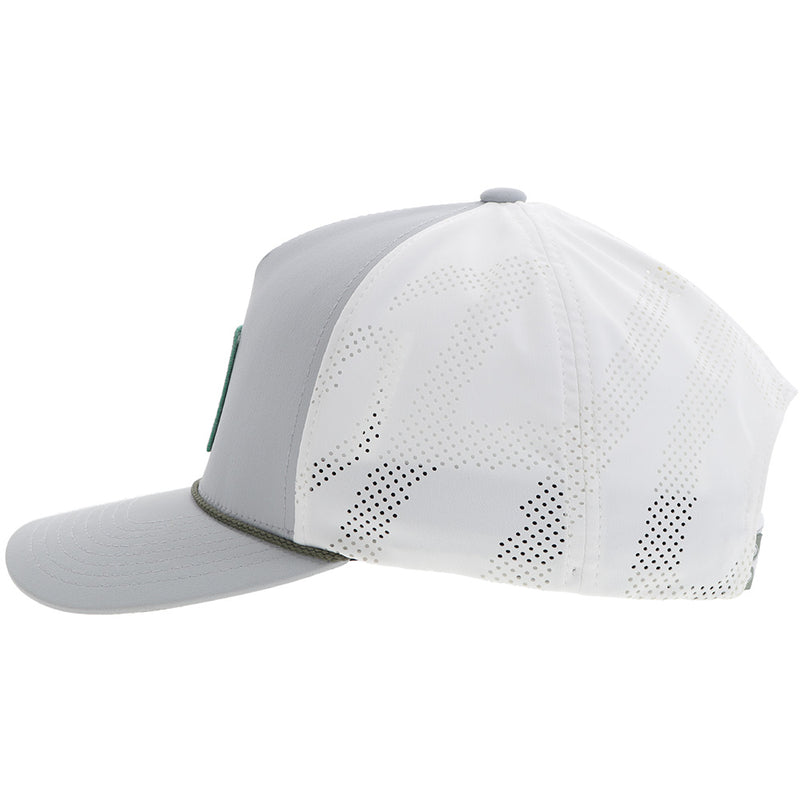 left side of grey and white Hooey golf hat