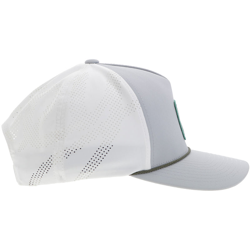 right side of white and grey Hooey golf hat