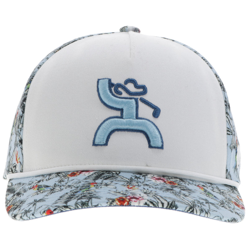front of Hooey golf hat with blue Hooey logo and blue leaf pattern on bill and sides