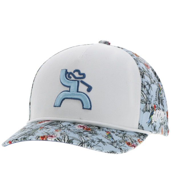 profile view of blue and white Hooey golf hat with leaf pattern