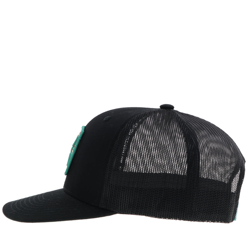 left side of the all black hooey hat with serape and teal patch