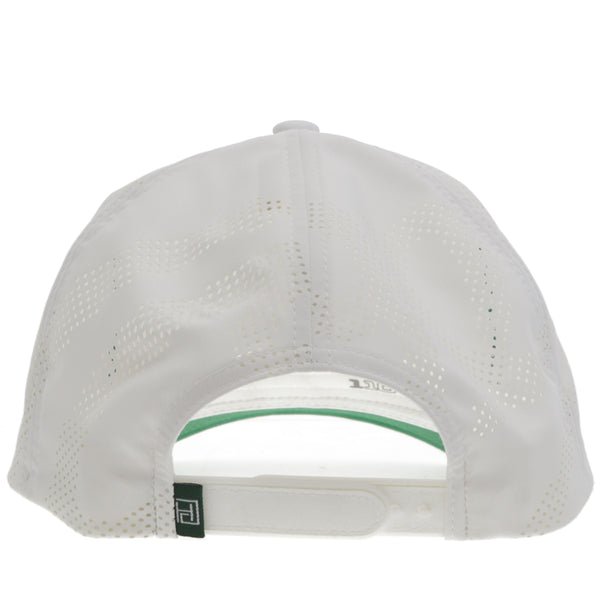 back of white golf hat with white mesh and white snap bands