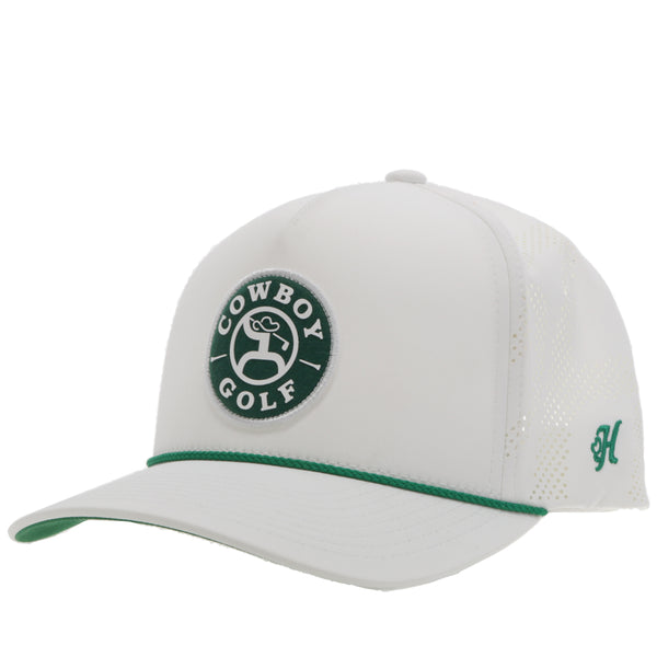 front of white cowboy golf hat with curved bill and green under bill, green rope detail, green H embroidered logo and green and white circle patch