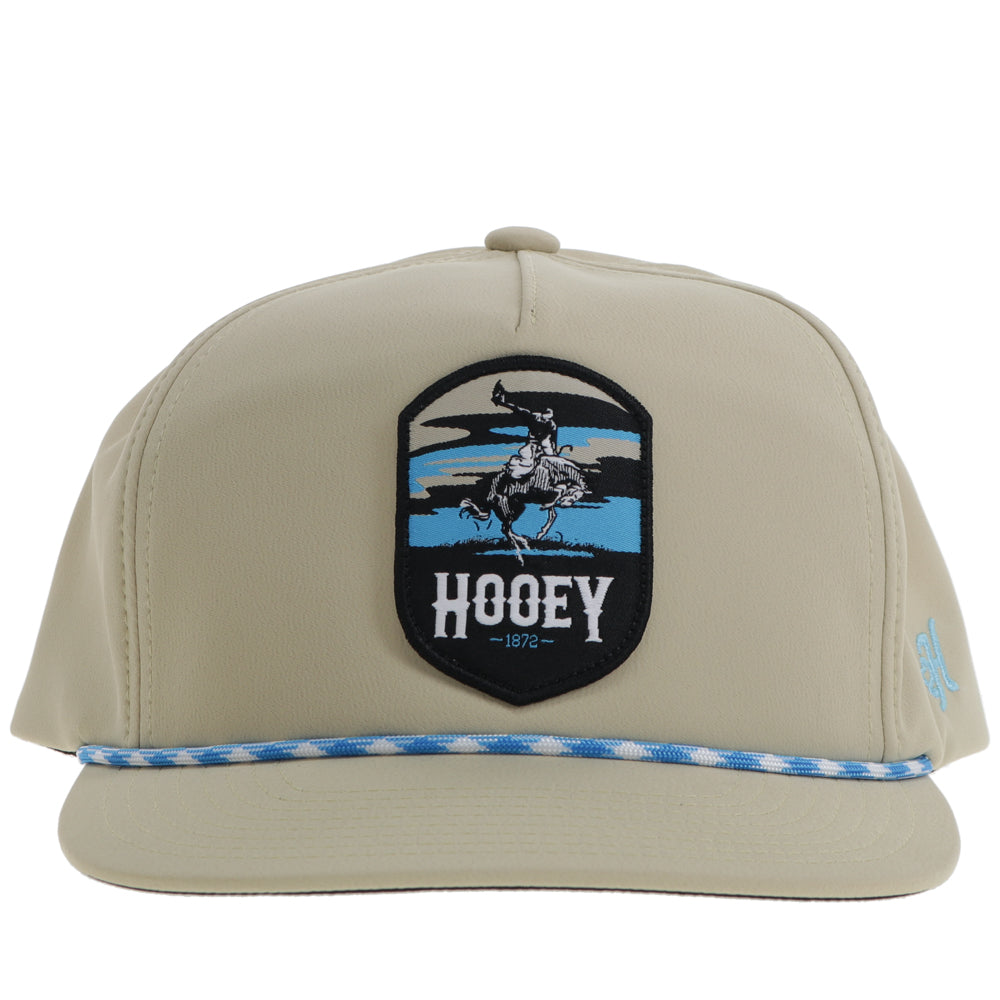 the front of the all tan Cheyenne hat with blue and white rope details