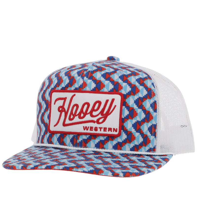 red, white, and blue multi pattern Hooey hat with red and white "Hooey Wester" logo patch
