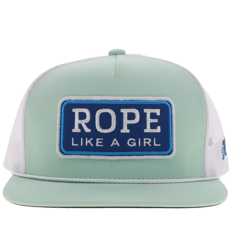 front of sea foam and white RLAG hat with white rope detail, and royal blue, light blue, white RLAG patch