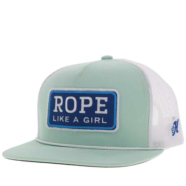 front profile of sea foam and white RLAG hat with white rope detail and royal blue, light blue, white patch