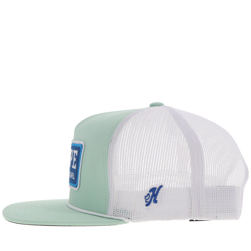 left side of sea foam and white RLAG hat with royal blue H logo embroidered
