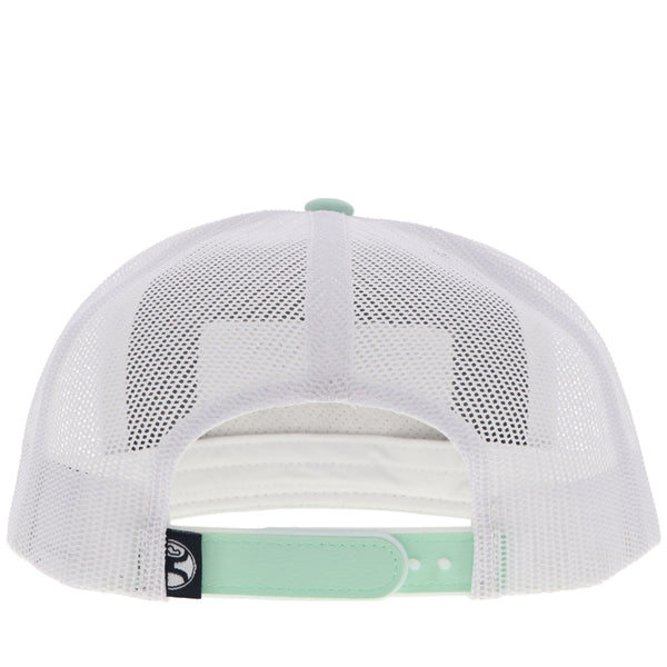back of sea foam and white RLAG hat with sea foam and white snap bands and white mesh
