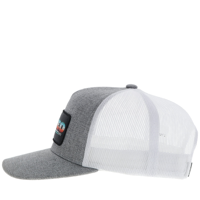 left side of heather grey and white RODEO hat