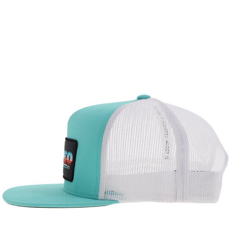 left side of teal and white RODEO hat