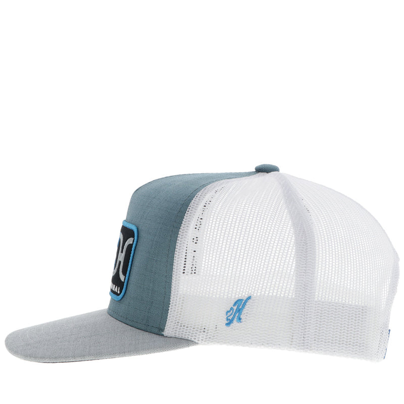 left side of heather teal, grey, and white hat with blue H logo embroidered