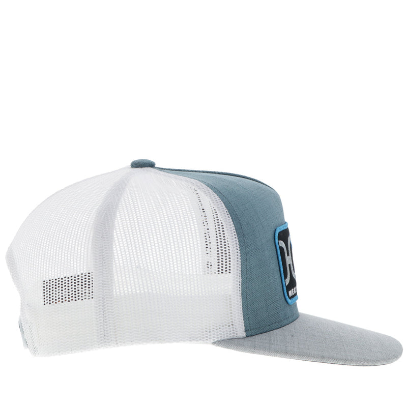 right side of heather blue, grey, and white hat
