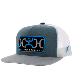 front of heather grey, teal, and white hat with teal, grey, black Western Original patch