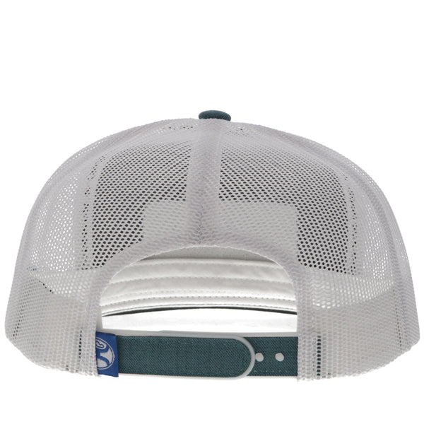 back of heather teal, grey, and white hat with white mesh and heather teal snap bands
