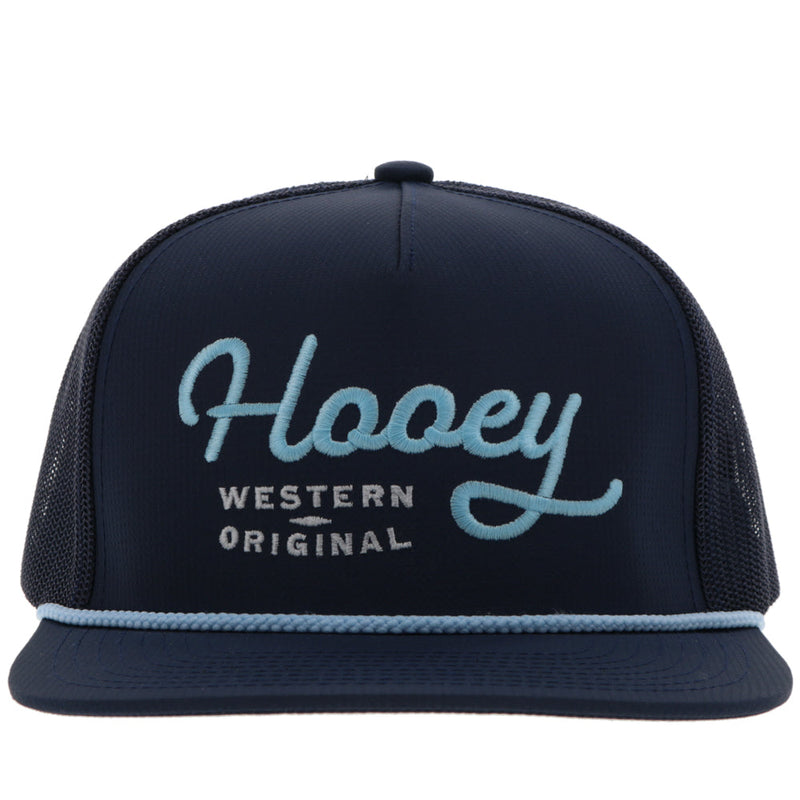 front of navy Hooey Western Original hat with light blue rope detail, and light blue and white embroidered logo patch