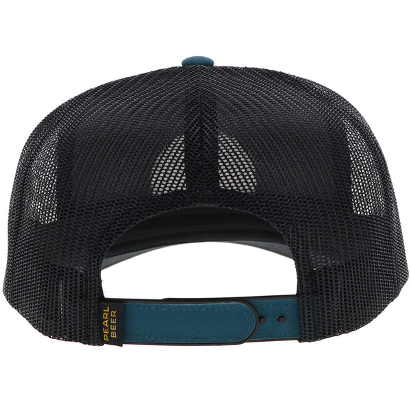 back of black and blue Hooey x Pearl Beer hat with black mesh and blue snap bands