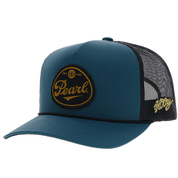 front of black and blue Hooey x Pearl Beer hat with black mesh and blue snap bands