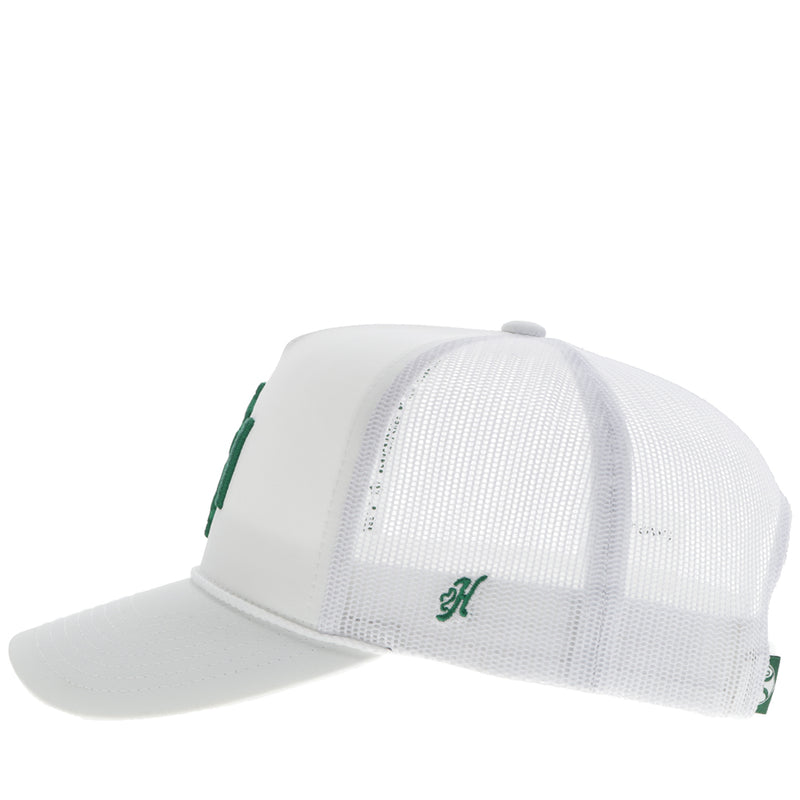 left side of white on white hat with green logo patch on front
