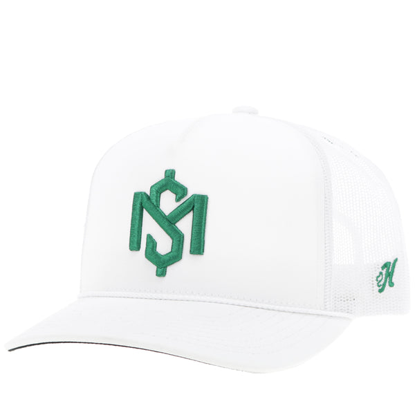 profile of white on white hat with green Shad Money logo patch on front