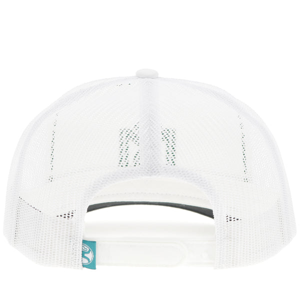 back of white on white hat with green logo patch on front