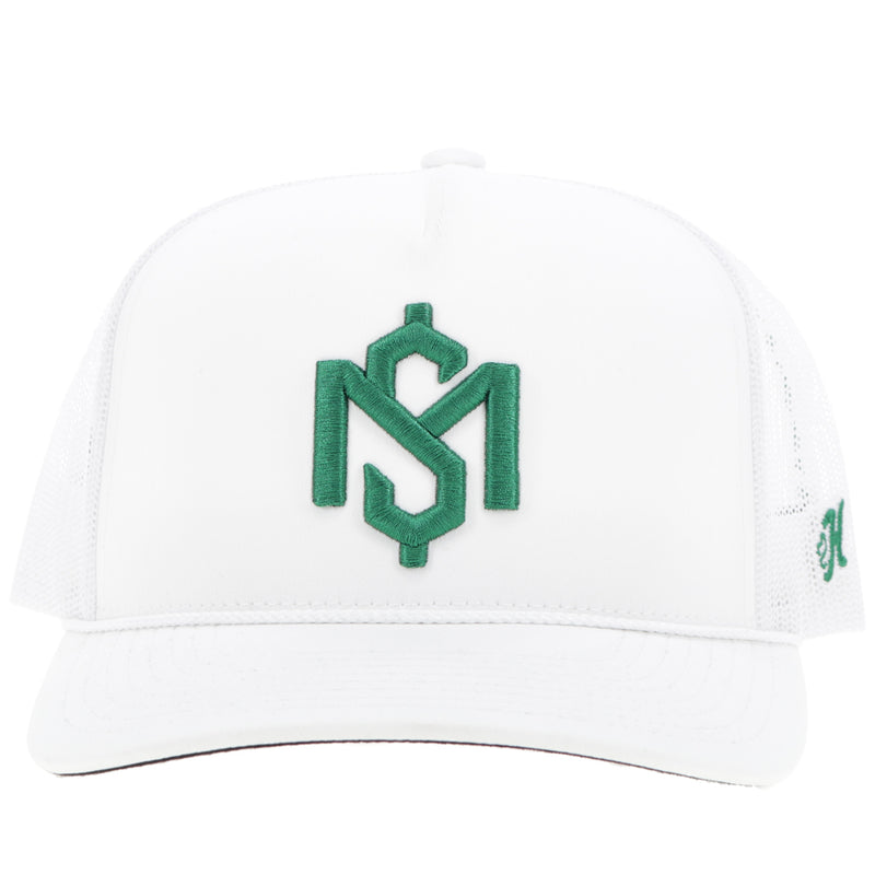 front of white on white hat with green logo Shad Money patch on front